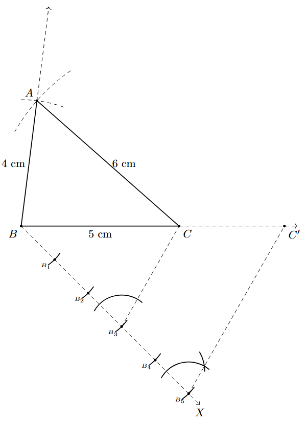 Step 5: A line parallel to CB3 is drawn from B5, intersecting the extended side BC at C'.